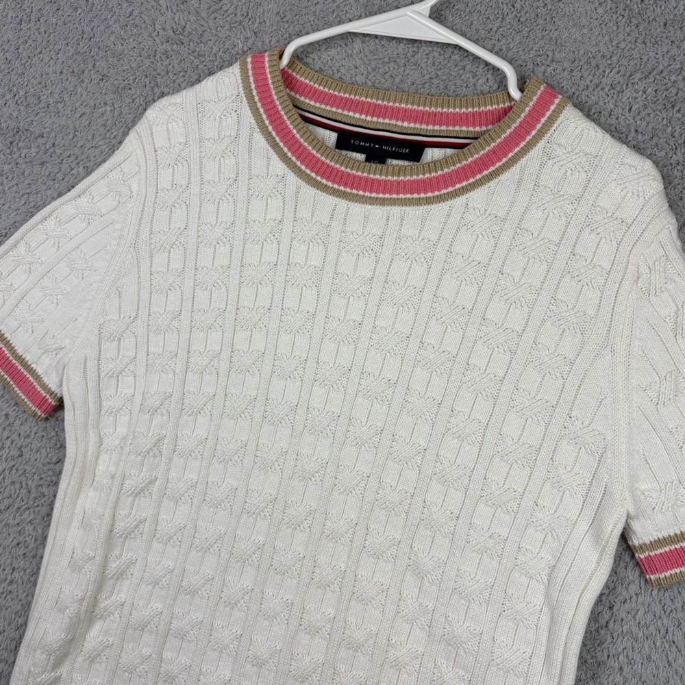 Tommy Hilfiger Sweater Womens Large Tennis Cable Knit Short Sleeve Preppy Ringer